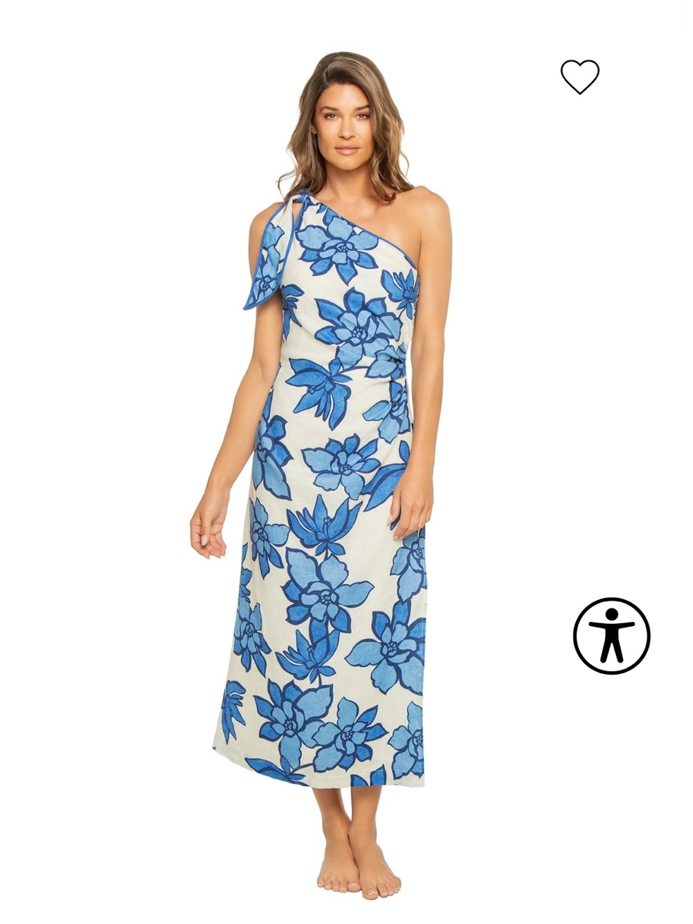 Kivari One-Shoulder Linen Midi Dress with Blue Floral Print, LikeNew (worn once)